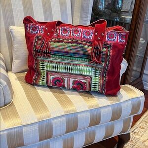 Red Embroidered Tote Bag